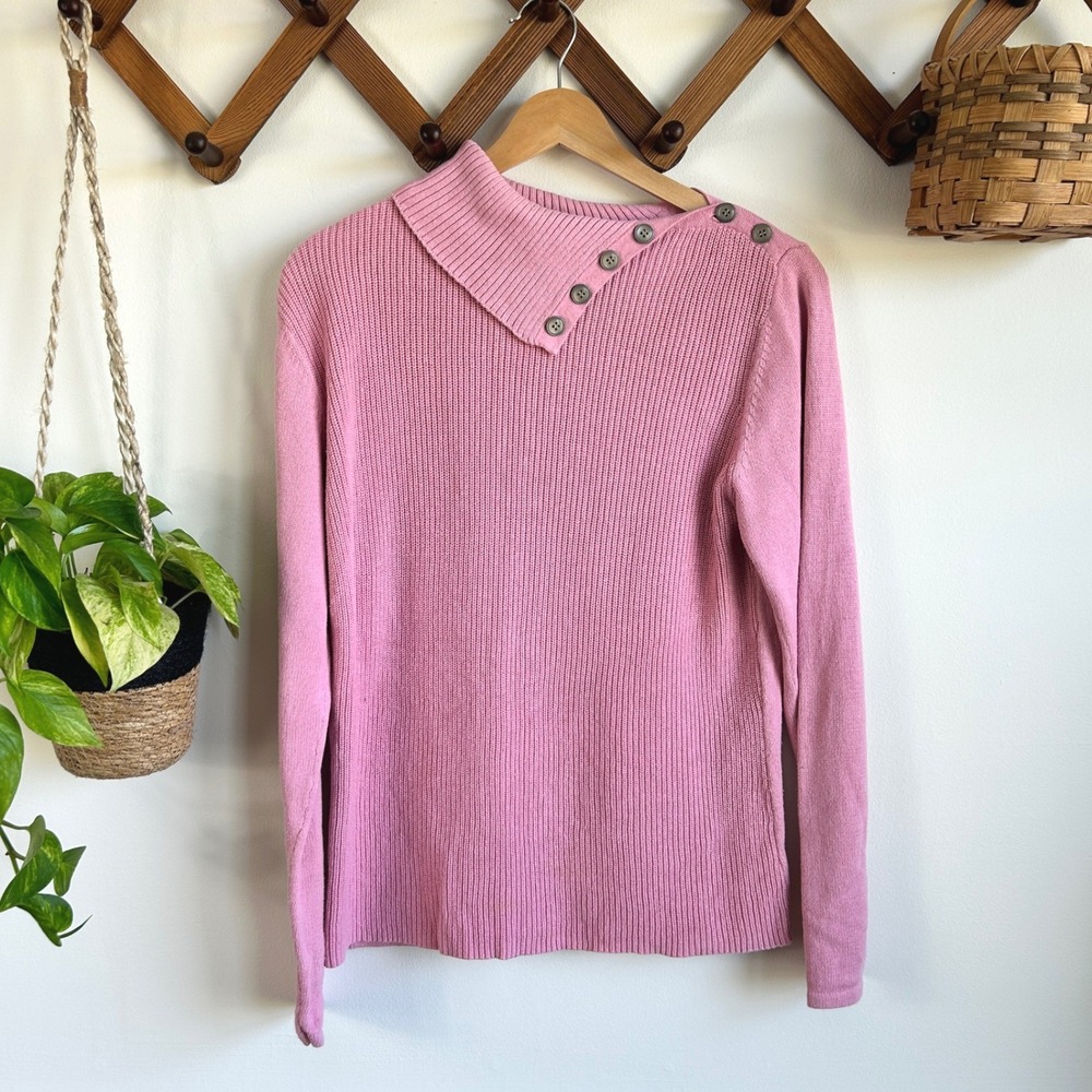Crazy Horse Liz Claiborne Pink Cotton Ribbed Asymmetrical Button Collar Sweater